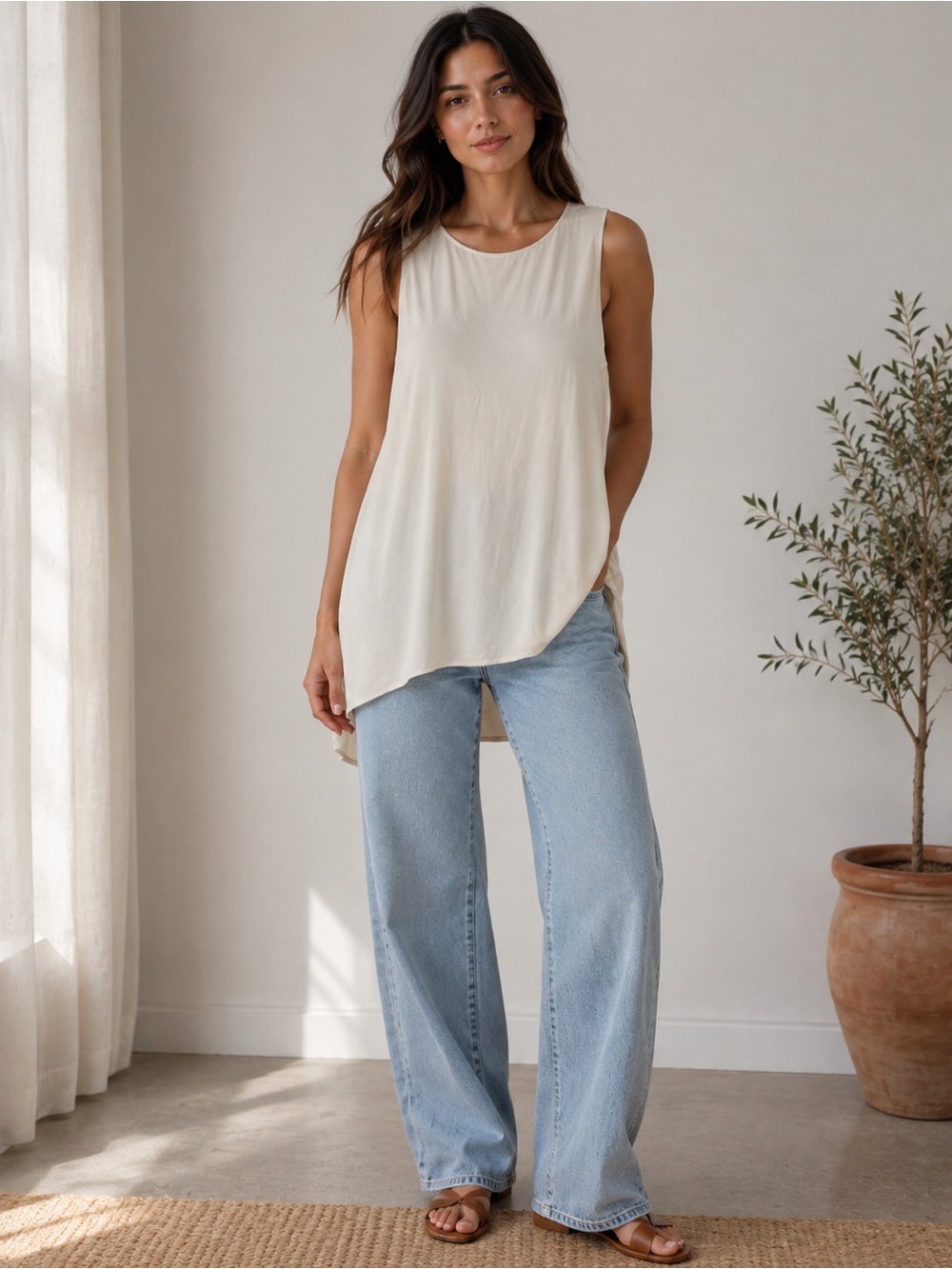 Eileen Fisher 100% Silk Ivory Sleeveless Tunic Tank Top Women’s 
Size Medium